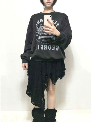Vintage Lettering Print Oversized Round Neck Sweatshirt