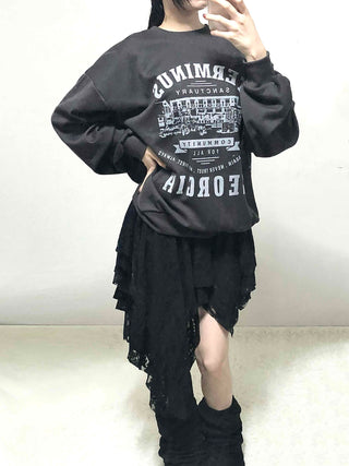 Vintage Lettering Print Oversized Round Neck Sweatshirt