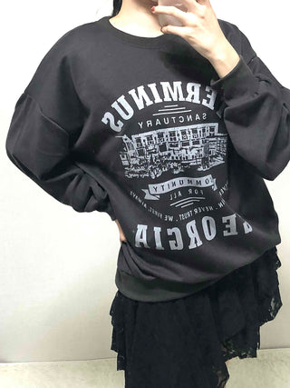Vintage Lettering Print Oversized Round Neck Sweatshirt