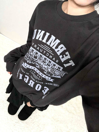 Vintage Lettering Print Oversized Round Neck Sweatshirt