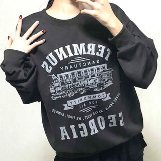 Vintage Lettering Print Oversized Round Neck Sweatshirt