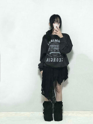 Vintage Lettering Print Oversized Round Neck Sweatshirt