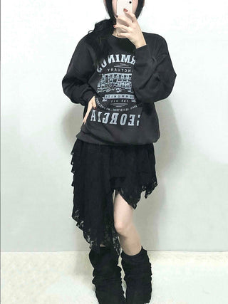 Vintage Lettering Print Oversized Round Neck Sweatshirt