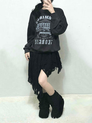 Vintage Lettering Print Oversized Round Neck Sweatshirt