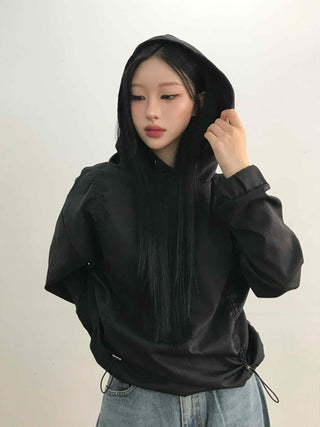 Glossy Satin Puff Sleeve Crop Hoodie