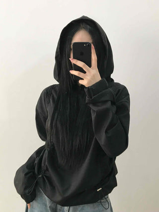 Glossy Satin Puff Sleeve Crop Hoodie