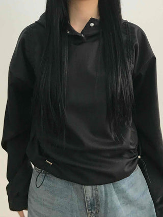 Glossy Satin Puff Sleeve Crop Hoodie