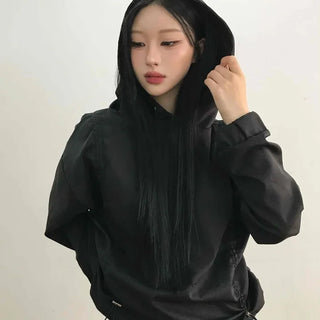 Glossy Satin Puff Sleeve Crop Hoodie