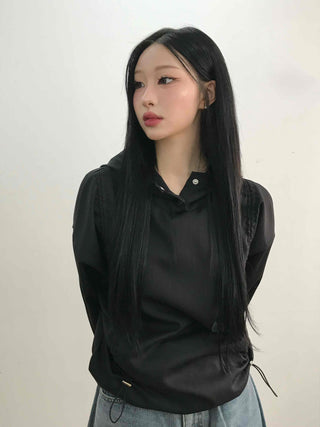 Glossy Satin Puff Sleeve Crop Hoodie