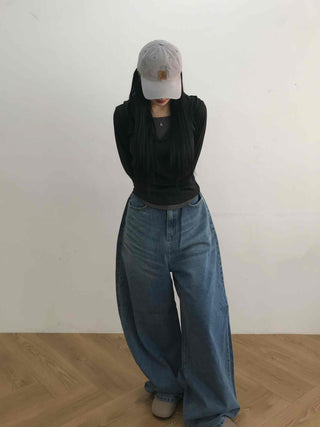 Soft Modal Shirred Puff Slim Fit Round Long Sleeve Tee