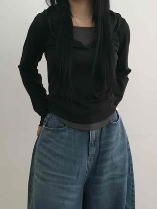 Soft Modal Shirred Puff Slim Fit Round Long Sleeve Tee