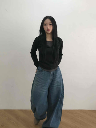 Soft Modal Shirred Puff Slim Fit Round Long Sleeve Tee