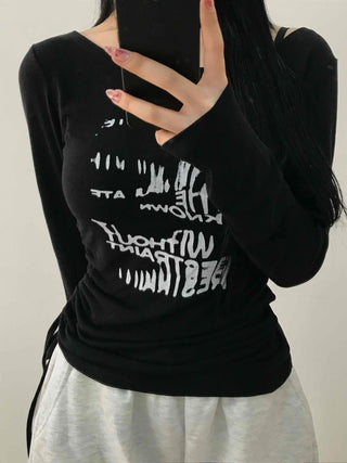 Vintage Lettering Graphic Slim Fit Round Long Sleeve Tee