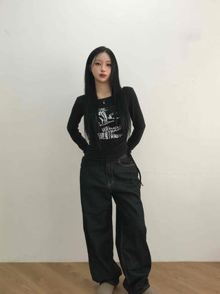 Vintage Lettering Graphic Slim Fit Round Long Sleeve Tee