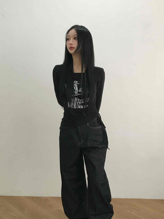 Vintage Lettering Graphic Slim Fit Round Long Sleeve Tee