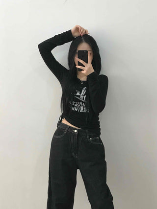 Vintage Lettering Graphic Slim Fit Round Long Sleeve Tee