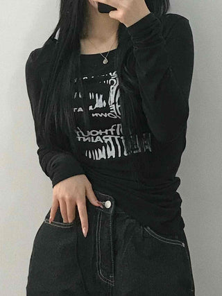 Vintage Lettering Graphic Slim Fit Round Long Sleeve Tee