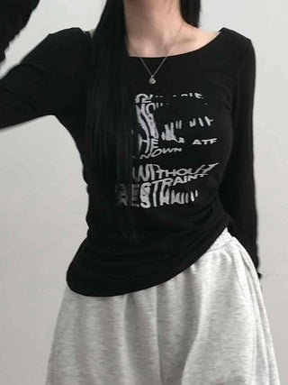 Vintage Lettering Graphic Slim Fit Round Long Sleeve Tee