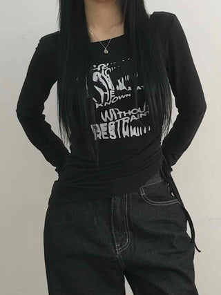 Vintage Lettering Graphic Slim Fit Round Long Sleeve Tee