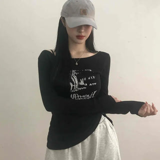 Vintage Lettering Graphic Slim Fit Round Long Sleeve Tee
