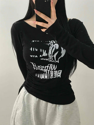 Vintage Lettering Graphic Slim Fit Round Long Sleeve Tee