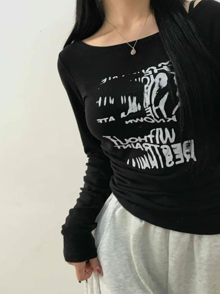 Vintage Lettering Graphic Slim Fit Round Long Sleeve Tee
