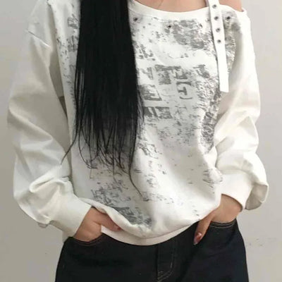 Grunge Poster Print Cutout Shoulder Cotton Sweatshirt