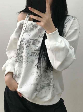 Grunge Poster Print Cutout Shoulder Cotton Sweatshirt