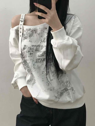 Grunge Poster Print Cutout Shoulder Cotton Sweatshirt