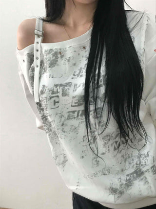 Grunge Poster Print Cutout Shoulder Cotton Sweatshirt