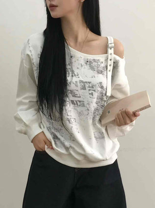 Grunge Poster Print Cutout Shoulder Cotton Sweatshirt