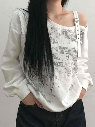 Grunge Poster Print Cutout Shoulder Cotton Sweatshirt