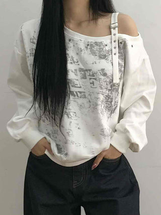 Grunge Poster Print Cutout Shoulder Cotton Sweatshirt