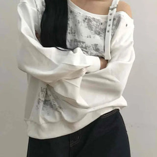 Grunge Poster Print Cutout Shoulder Cotton Sweatshirt