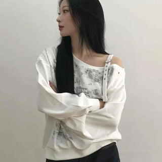 Grunge Poster Print Cutout Shoulder Cotton Sweatshirt