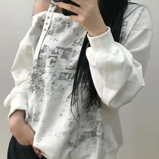 Grunge Poster Print Cutout Shoulder Cotton Sweatshirt