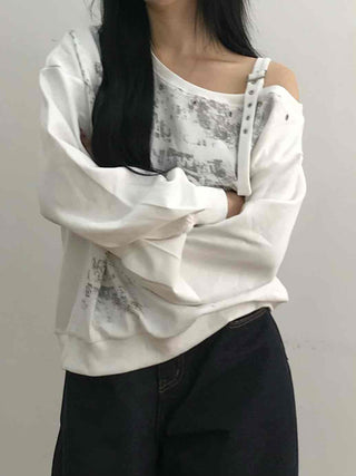 Grunge Poster Print Cutout Shoulder Cotton Sweatshirt