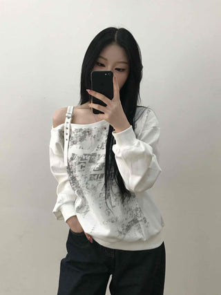 Grunge Poster Print Cutout Shoulder Cotton Sweatshirt
