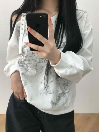 Grunge Poster Print Cutout Shoulder Cotton Sweatshirt
