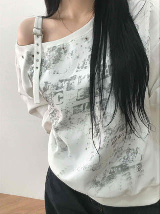 Grunge Poster Print Cutout Shoulder Cotton Sweatshirt