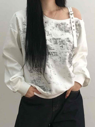 Grunge Poster Print Cutout Shoulder Cotton Sweatshirt