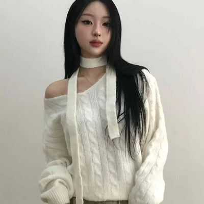 Wide V-Neck Loose Cable Knit