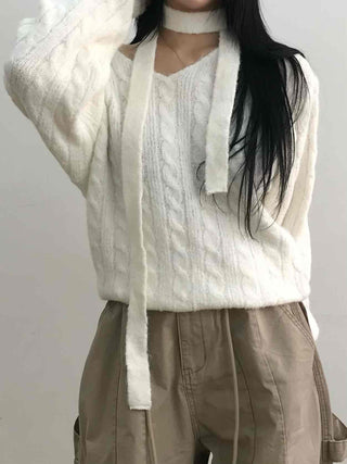 Wide V-Neck Loose Cable Knit
