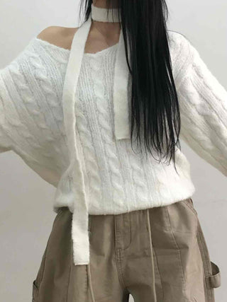 Wide V-Neck Loose Cable Knit
