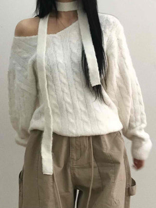 Wide V-Neck Loose Cable Knit