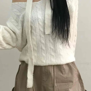 Wide V-Neck Loose Cable Knit