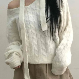 Wide V-Neck Loose Cable Knit