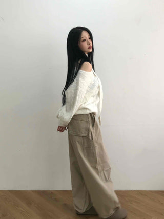 Wide V-Neck Loose Cable Knit