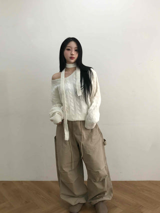 Wide V-Neck Loose Cable Knit