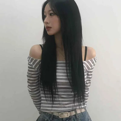 Semi-Sexy Slim Fit Striped Shoulder Cutout Long Sleeve T-shirt